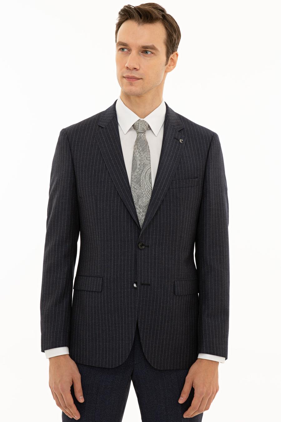 İndigo Slim Fit %100 Yün Çizgili Ceket - 50230576002