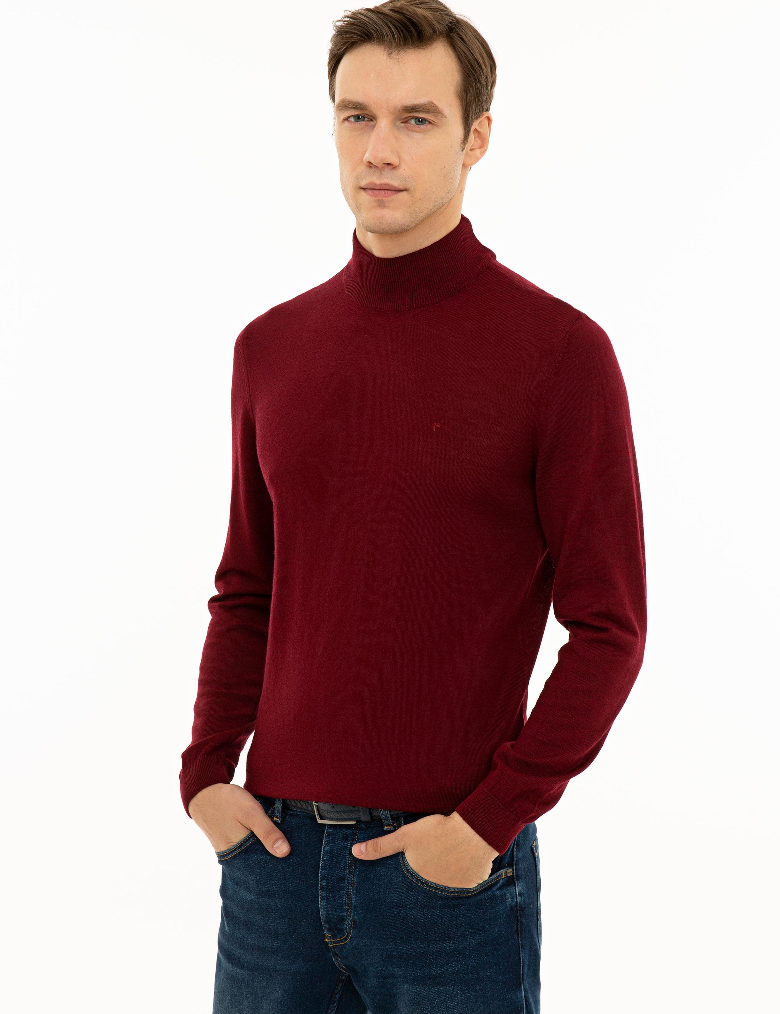 Bordo Slim Fit Yarım Balıkçı Basic Triko Kazak - 50229754054