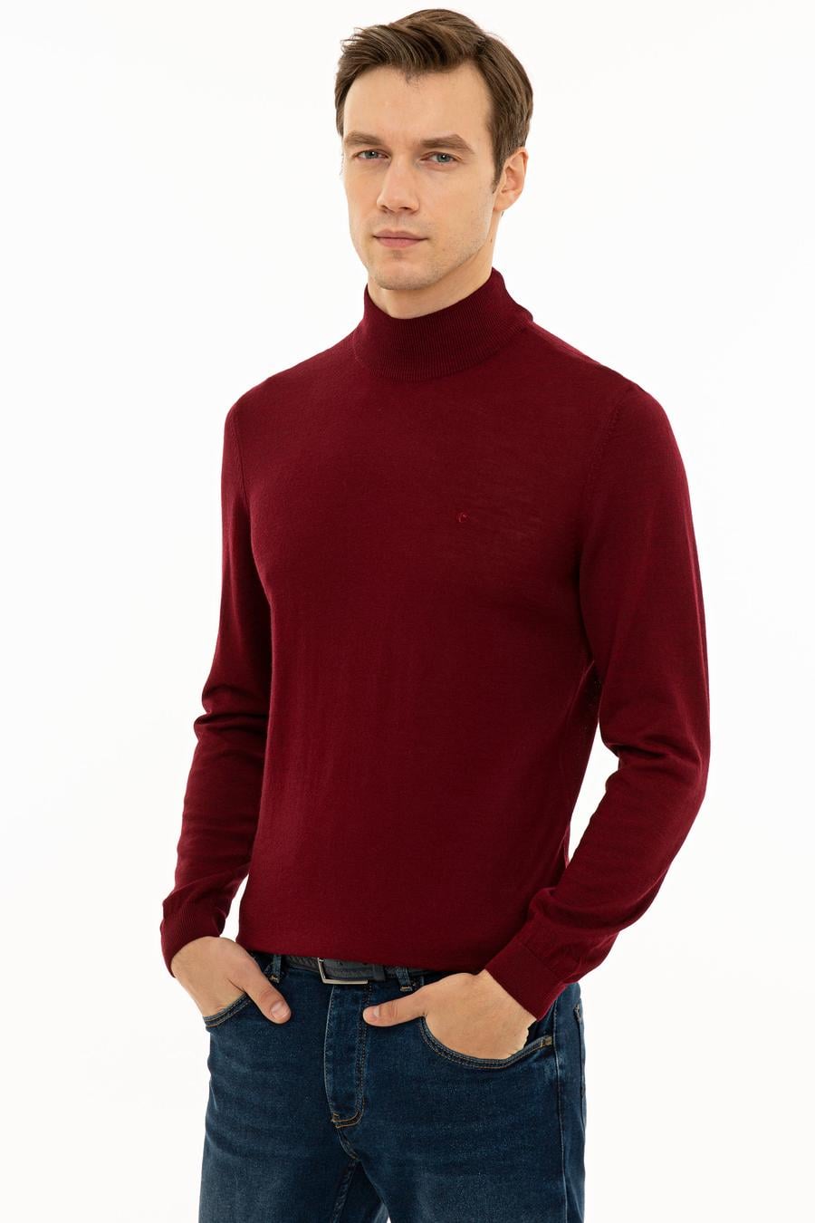 Bordo Slim Fit Yarım Balıkçı Basic Triko Kazak - 50229754054