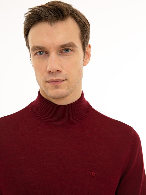 Bordo Slim Fit Yarım Balıkçı Basic Triko Kazak