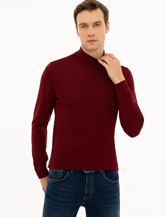 Bordo Slim Fit Yarım Balıkçı Basic Triko Kazak