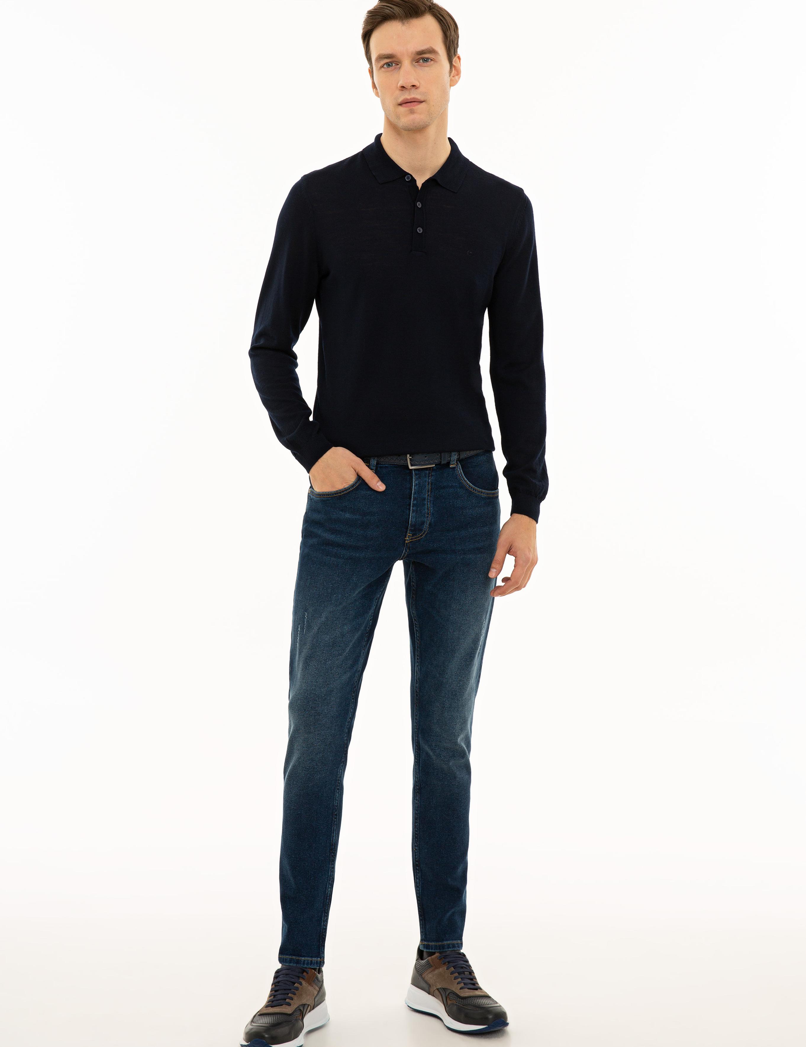 Lacivert Slim Fit Polo Yaka Basic Triko Kazak - 50229756014