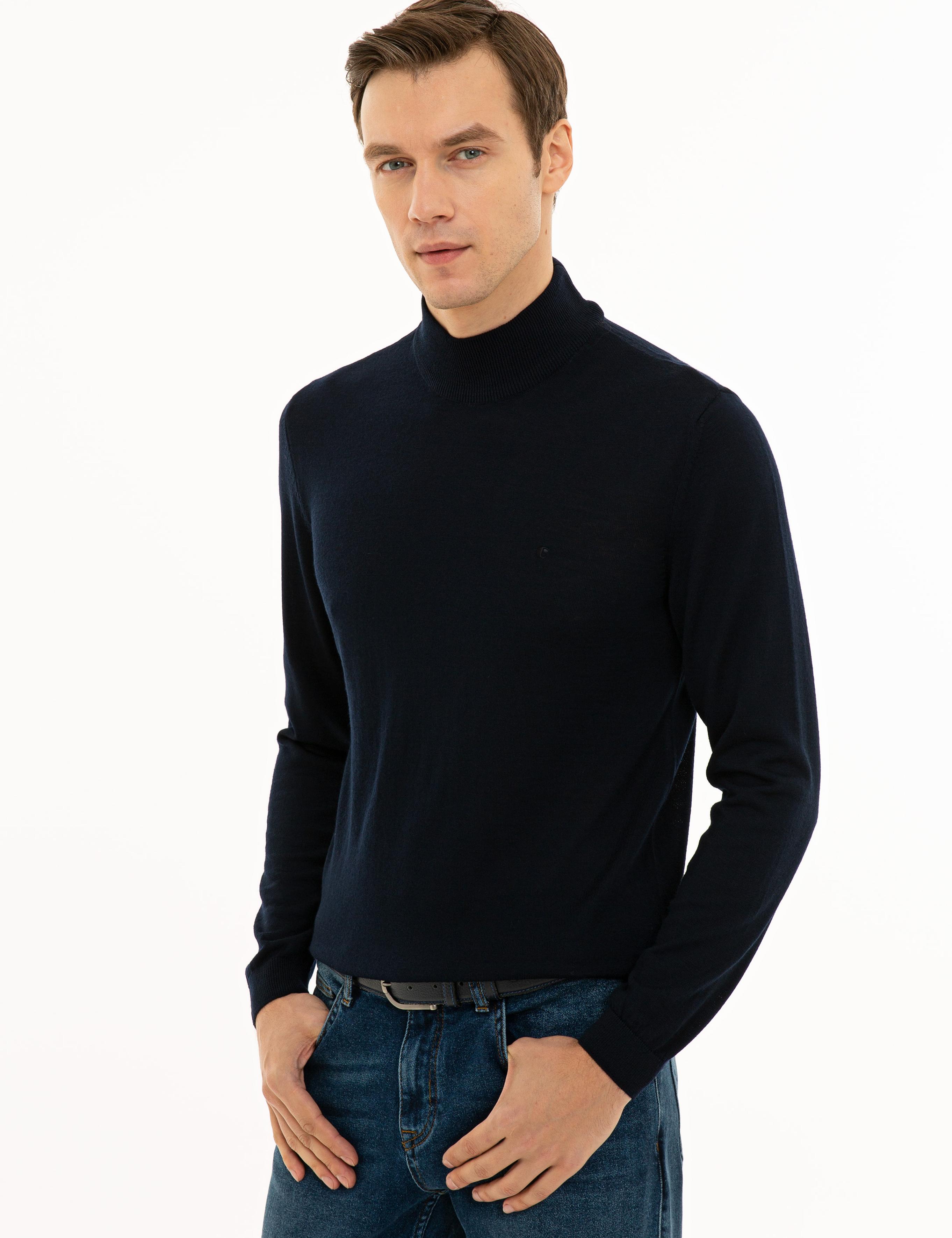 Lacivert Slim Fit Yarım Balıkçı Basic Triko Kazak - 50229754014