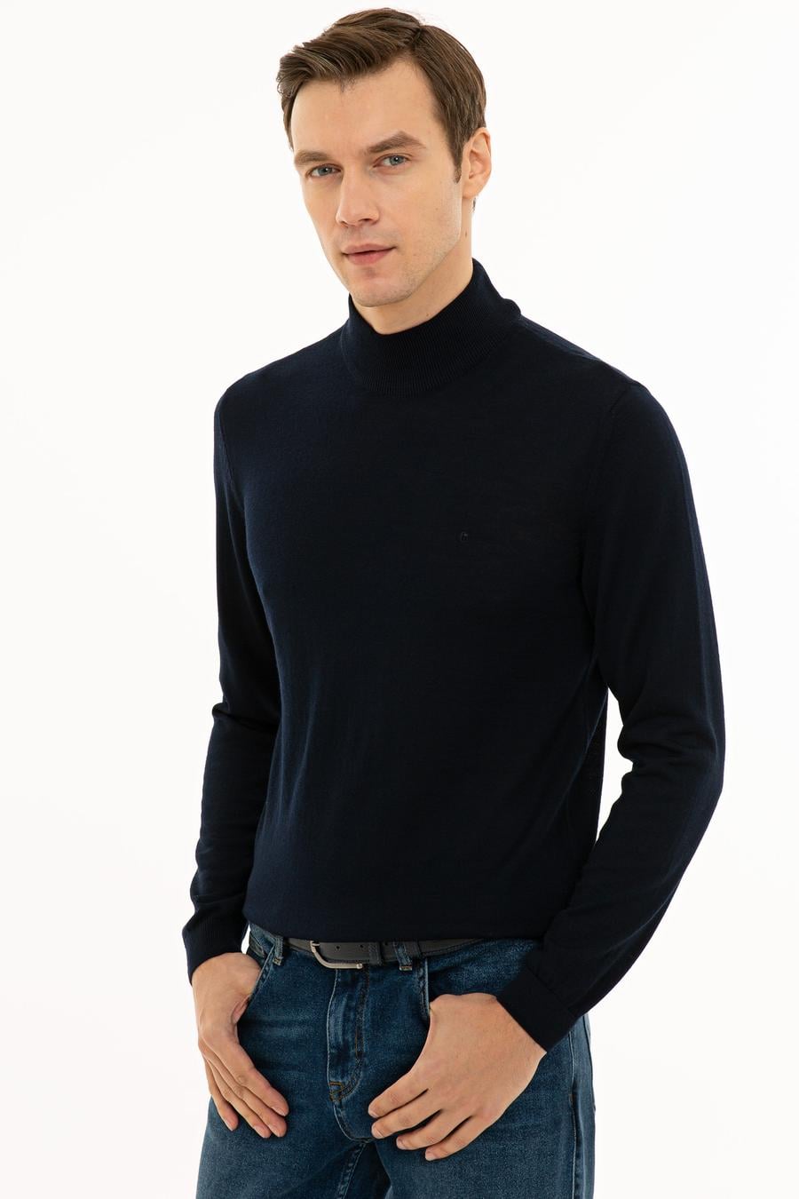 Lacivert Slim Fit Yarım Balıkçı Basic Triko Kazak - 50229754014