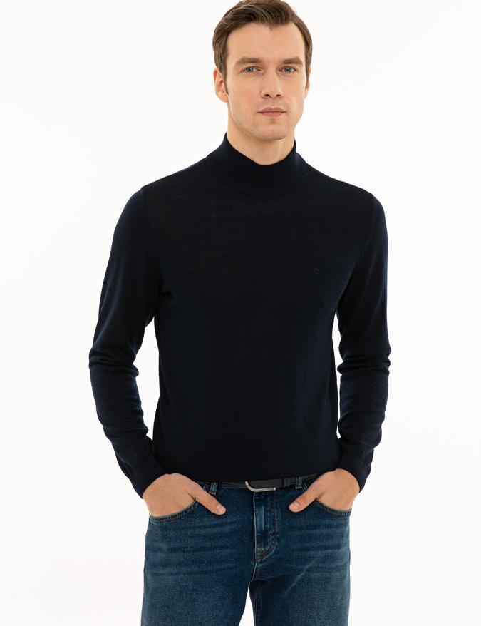 Lacivert Slim Fit Yarım Balıkçı Basic Triko Kazak