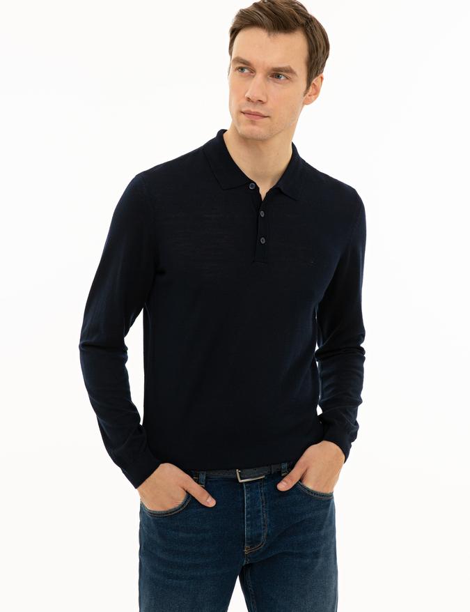 Lacivert Slim Fit Polo Yaka Basic Triko Kazak
