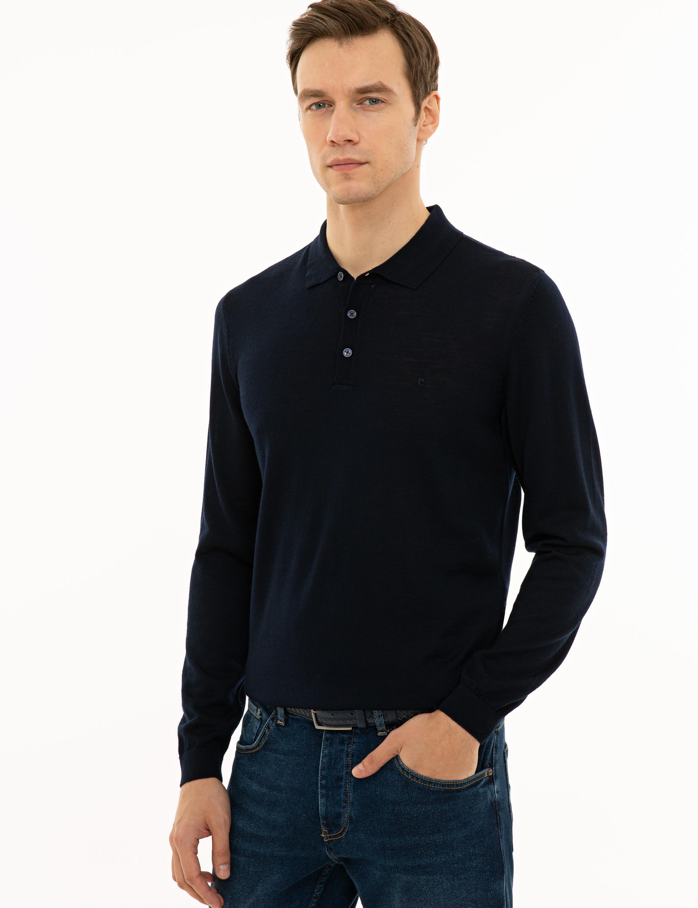 Lacivert Slim Fit Polo Yaka Basic Triko Kazak - 50229756014