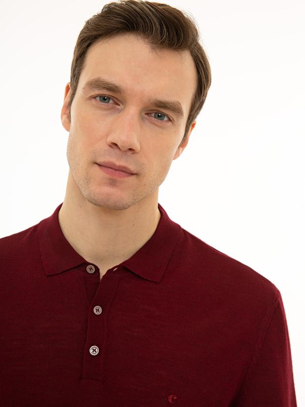 Bordo Slim Fit Polo Yaka Basic Triko Kazak