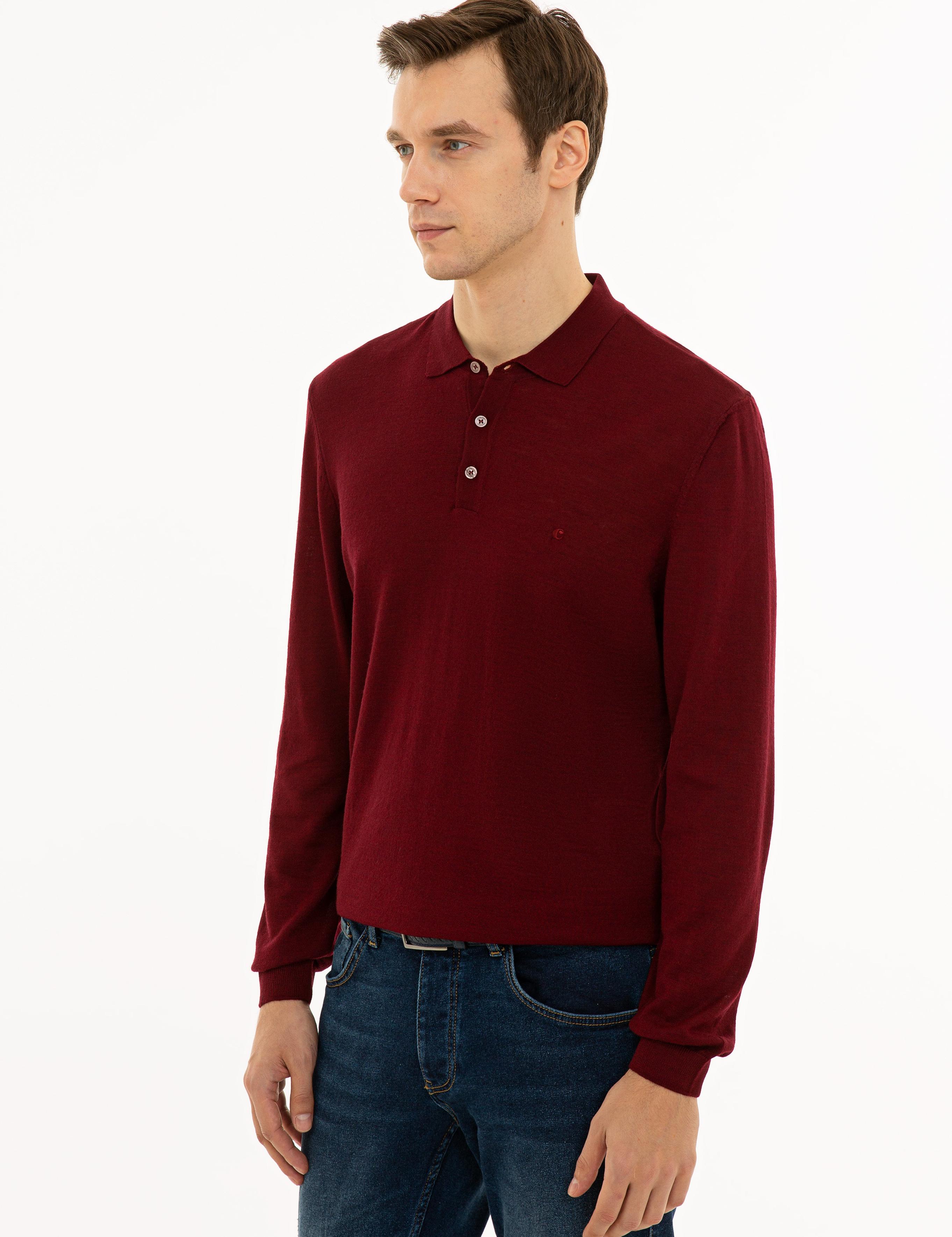 Bordo Slim Fit Polo Yaka Basic Triko Kazak - 50229756055