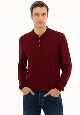 Bordo Slim Fit Polo Yaka Basic Triko Kazak