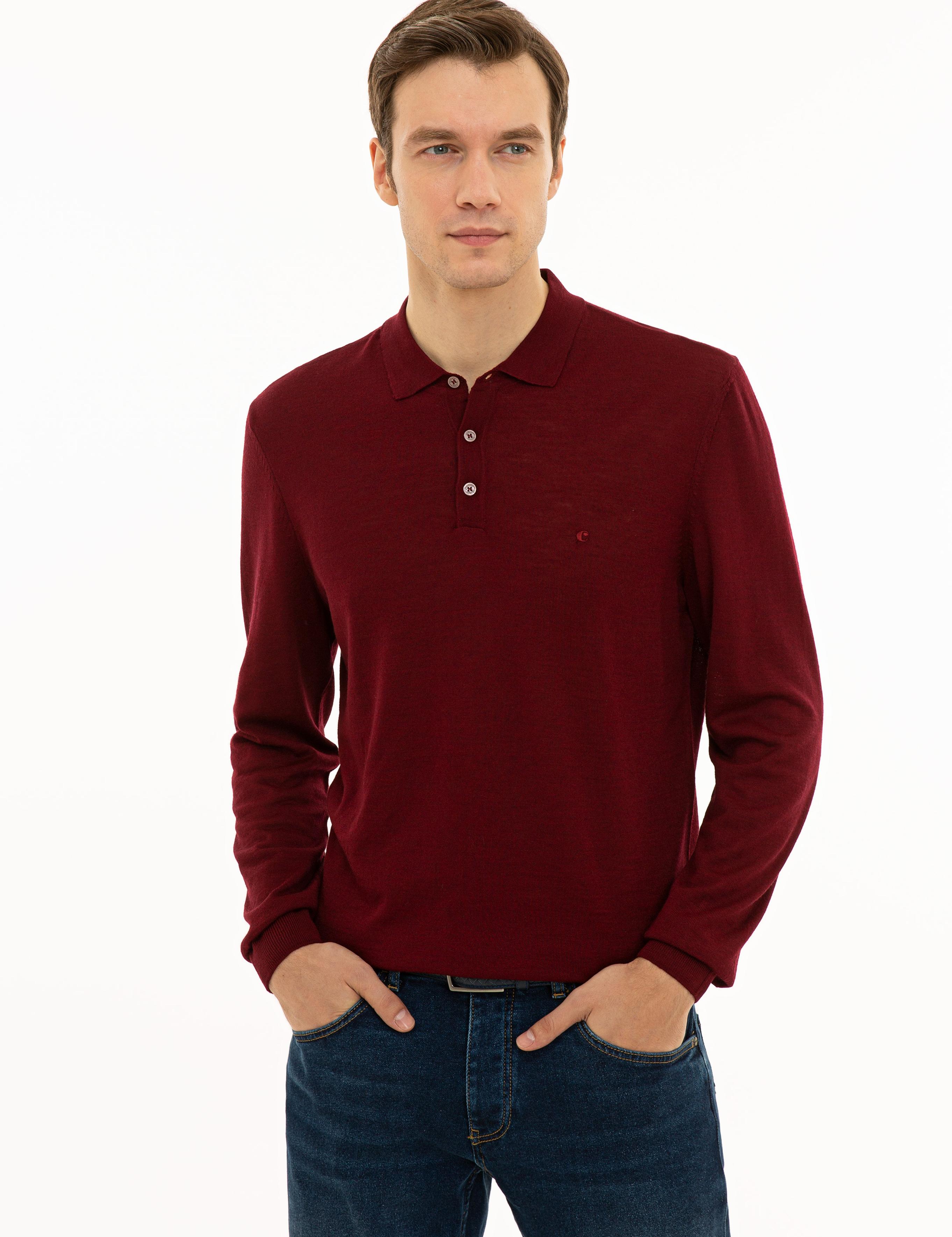 Bordo Slim Fit Polo Yaka Basic Triko Kazak - 50229756055