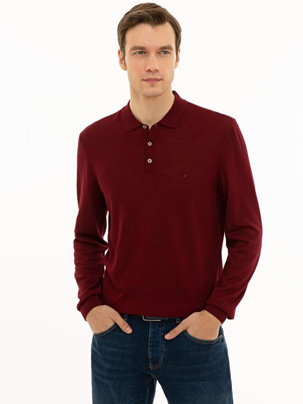 Bordo Slim Fit Polo Yaka Basic Triko Kazak