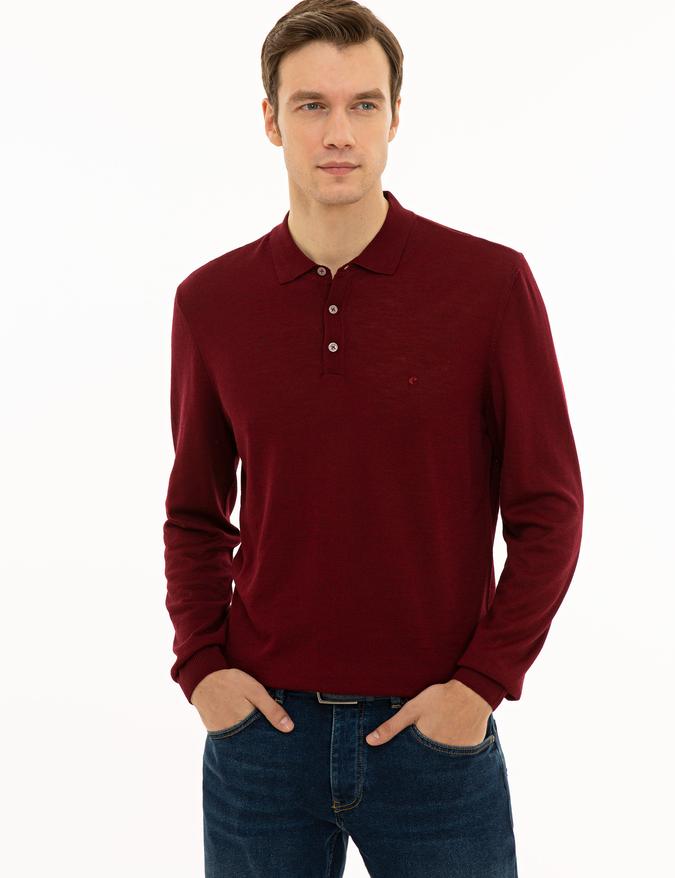 Bordo Slim Fit Polo Yaka Basic Triko Kazak