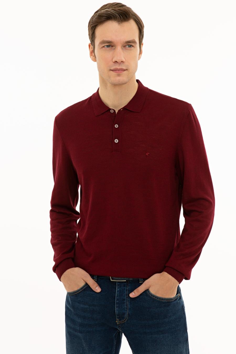 Bordo Slim Fit Polo Yaka Basic Triko Kazak - 50229756055