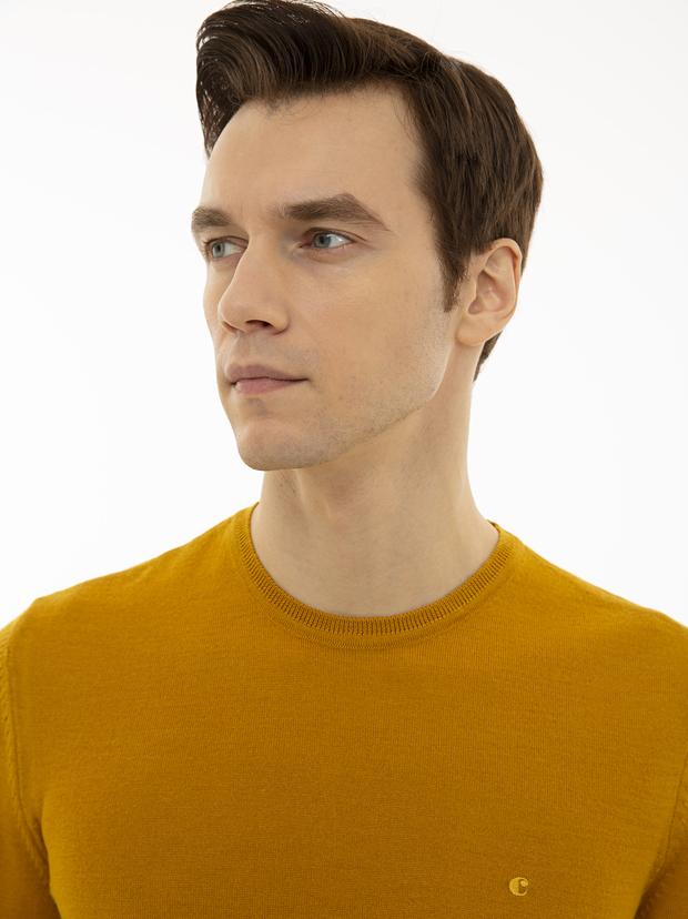 Sarı Slim Fit Bisiklet Yaka Basic Triko Kazak