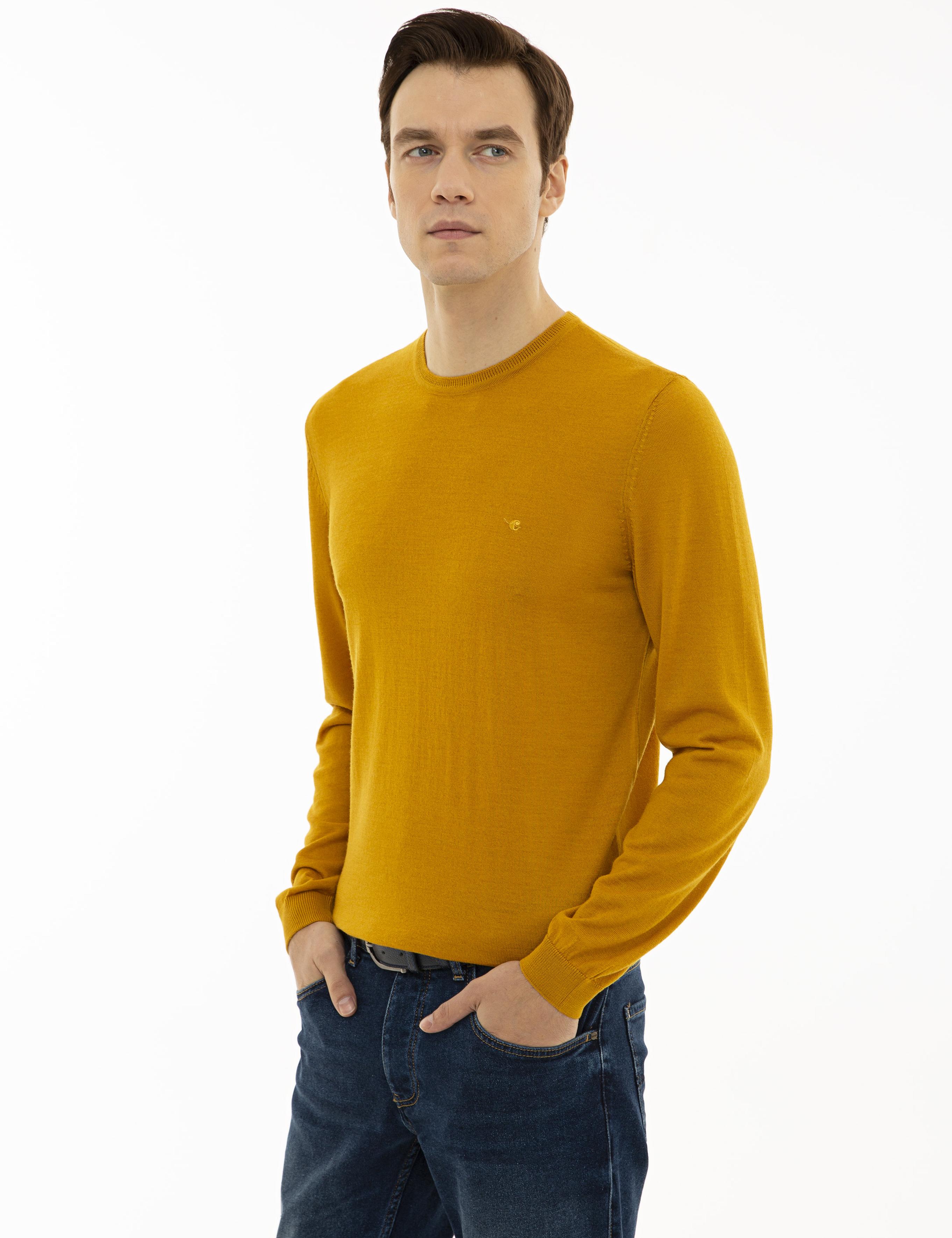 Sarı Slim Fit Bisiklet Yaka Basic Triko Kazak - 50227052110