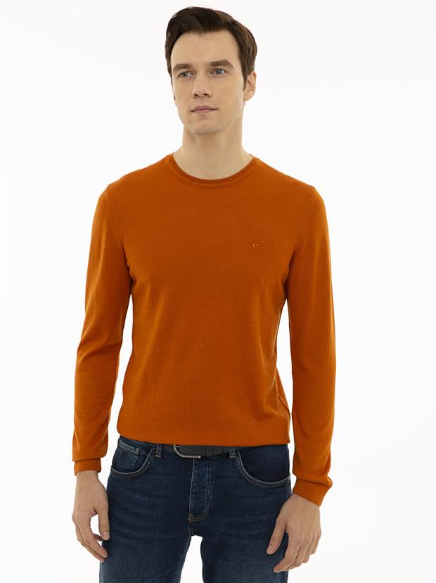 Turuncu Slim Fit Bisiklet Yaka Basic Triko Kazak