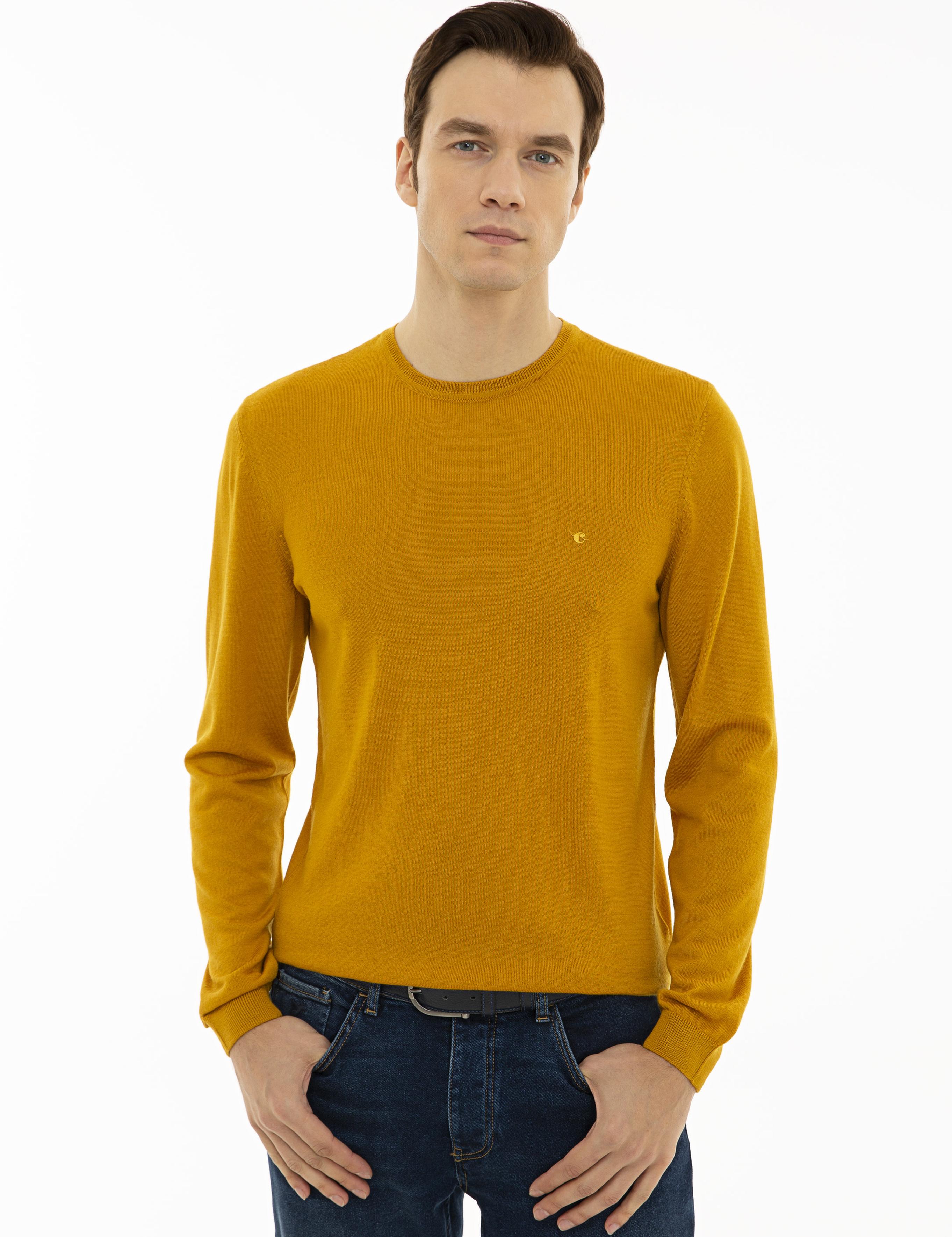 Sarı Slim Fit Bisiklet Yaka Basic Triko Kazak - 50227052110