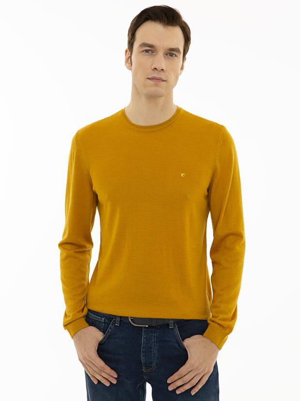 Sarı Slim Fit Bisiklet Yaka Basic Triko Kazak