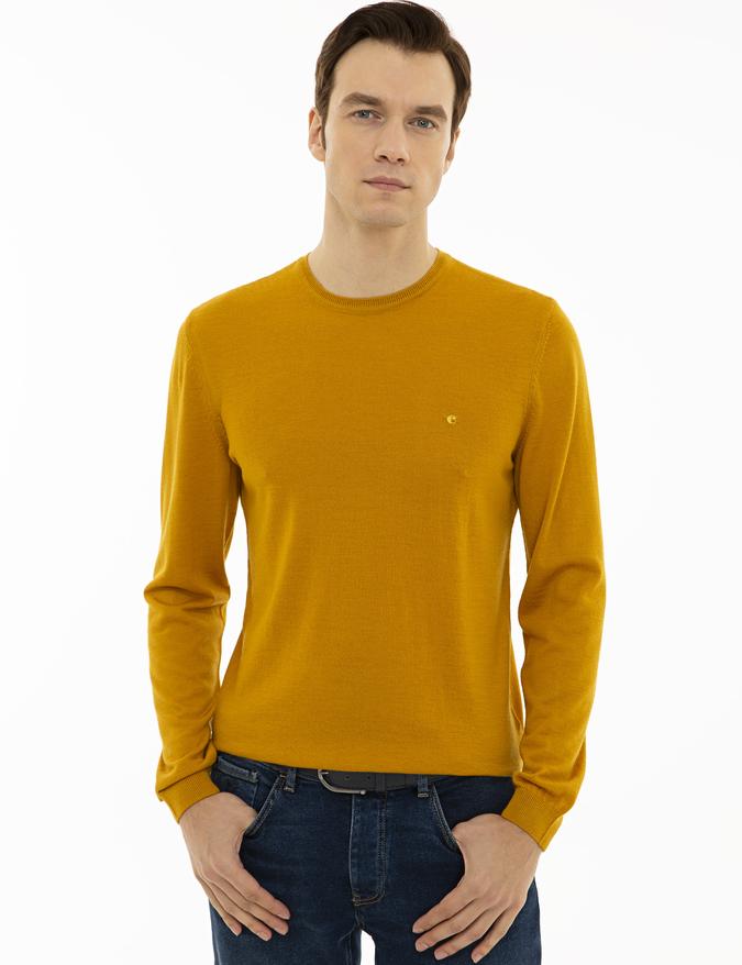 Sarı Slim Fit Bisiklet Yaka Basic Triko Kazak