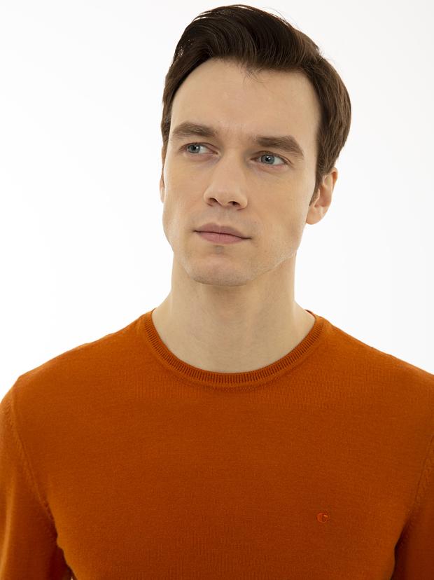 Turuncu Slim Fit Bisiklet Yaka Basic Triko Kazak