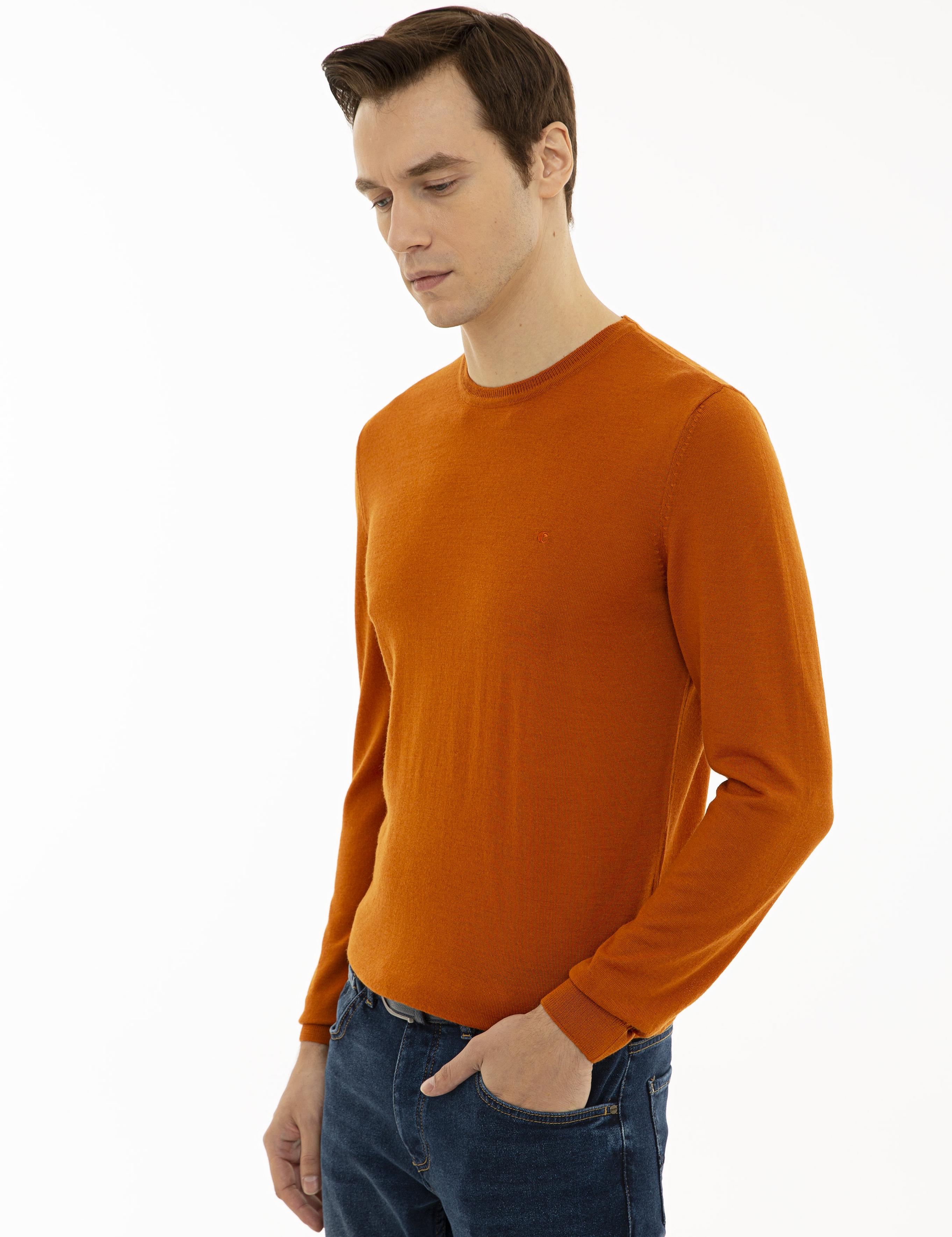 Turuncu Slim Fit Bisiklet Yaka Basic Triko Kazak - 50227052126