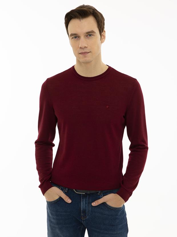 Bordo Slim Fit Bisiklet Yaka Basic Triko Kazak