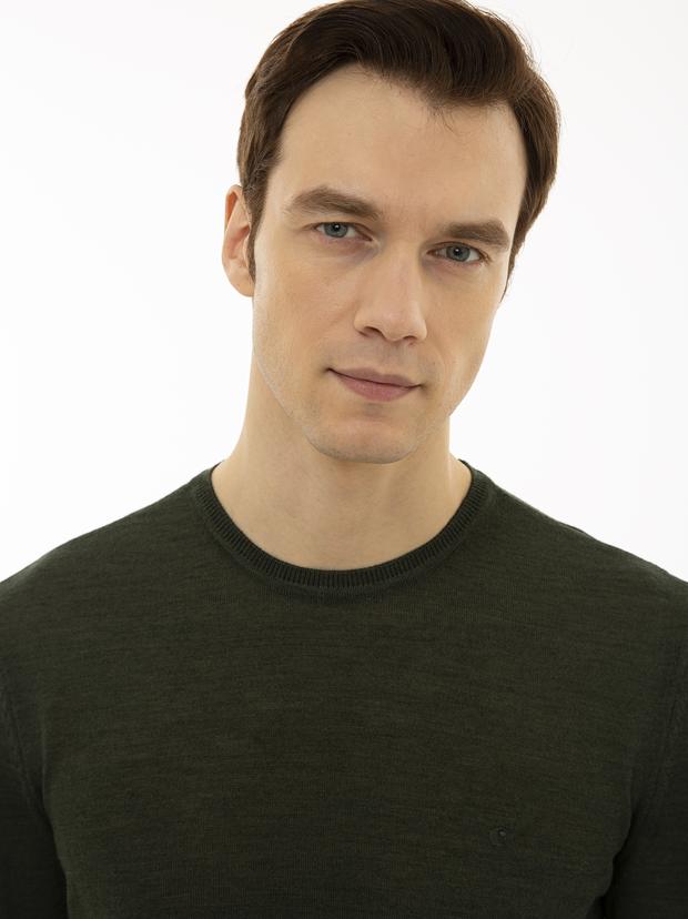 Haki Slim Fit Bisiklet Yaka Basic Triko Kazak