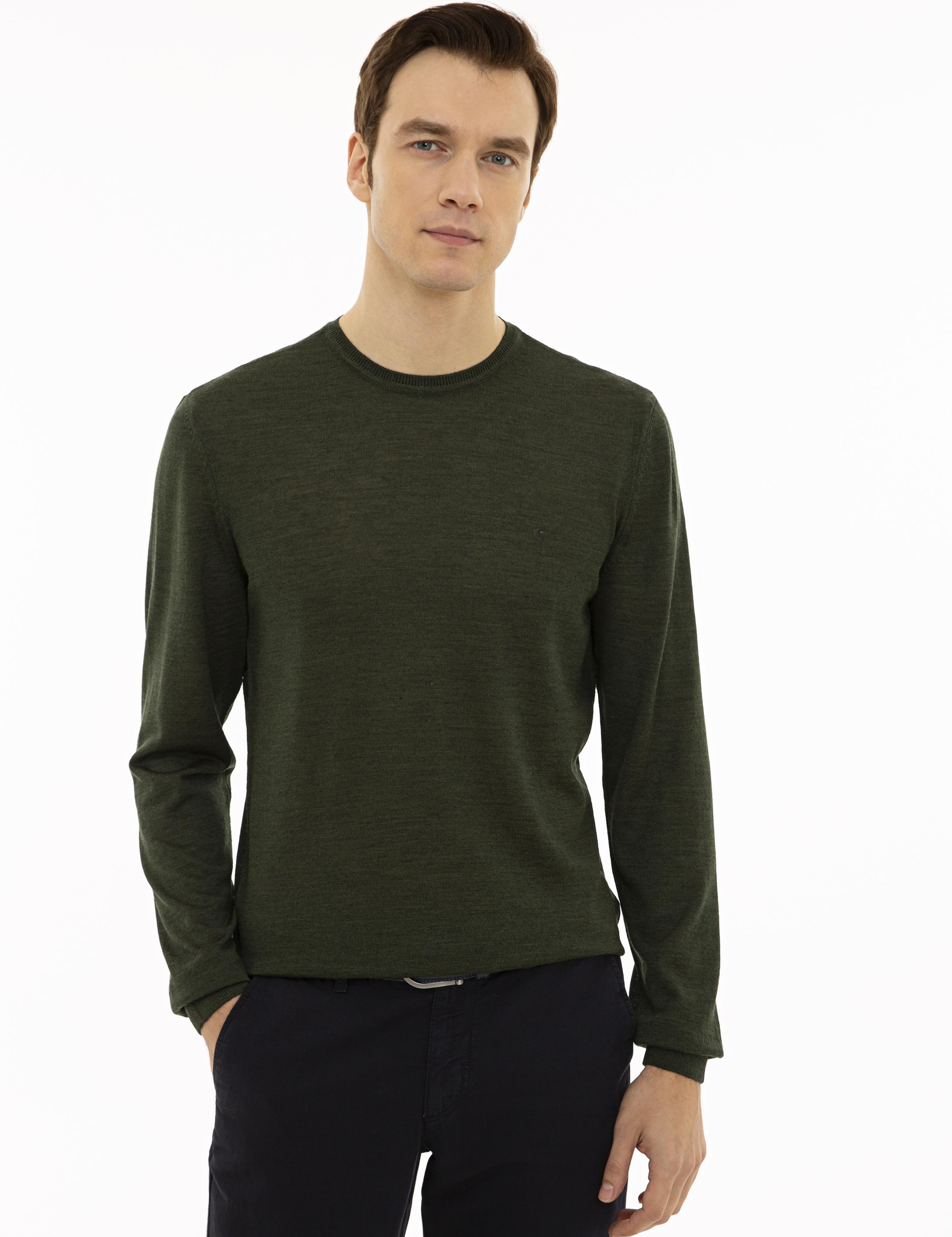 Haki Slim Fit Bisiklet Yaka Basic Triko Kazak - 50227052073