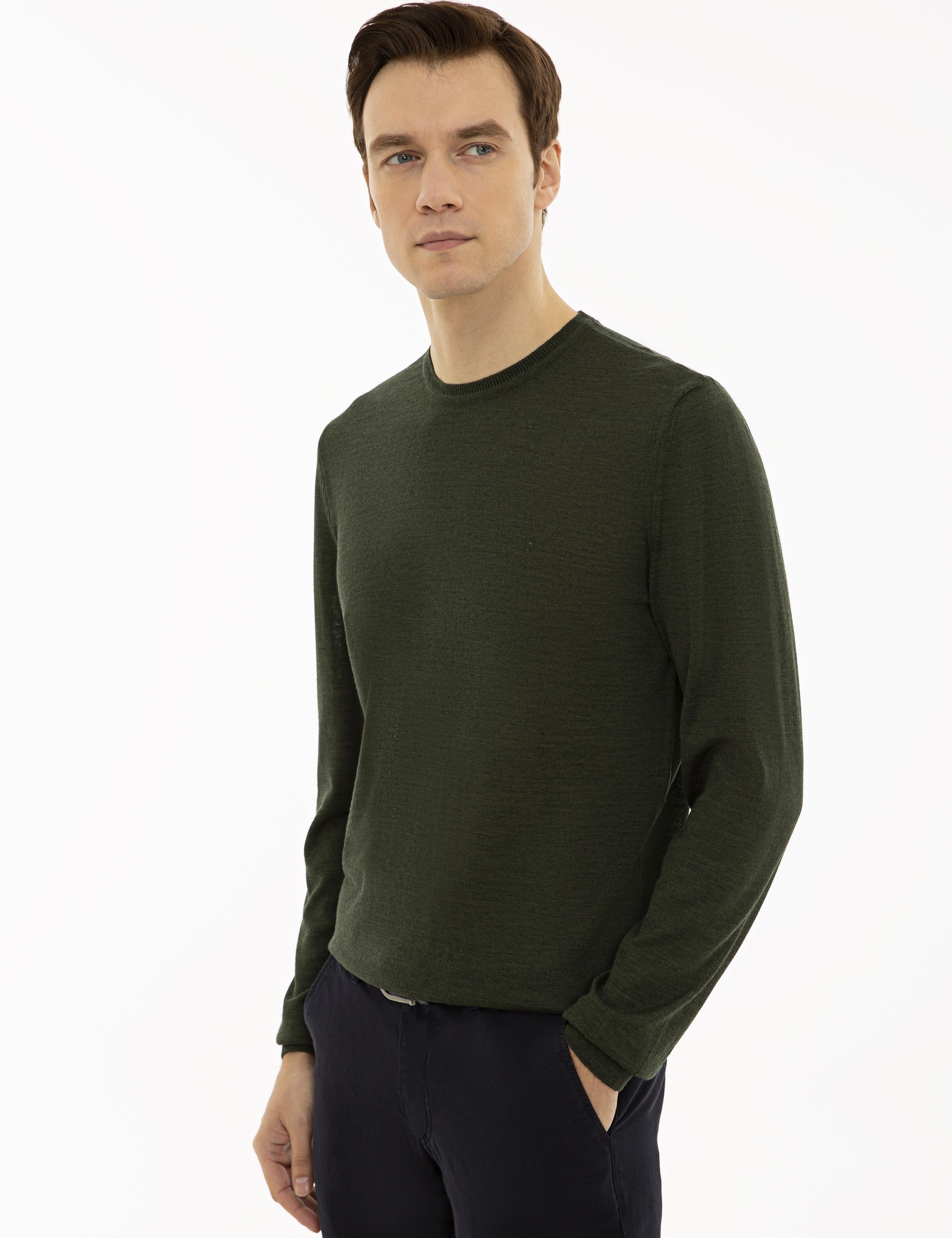 Haki Slim Fit Bisiklet Yaka Basic Triko Kazak - 50227052073