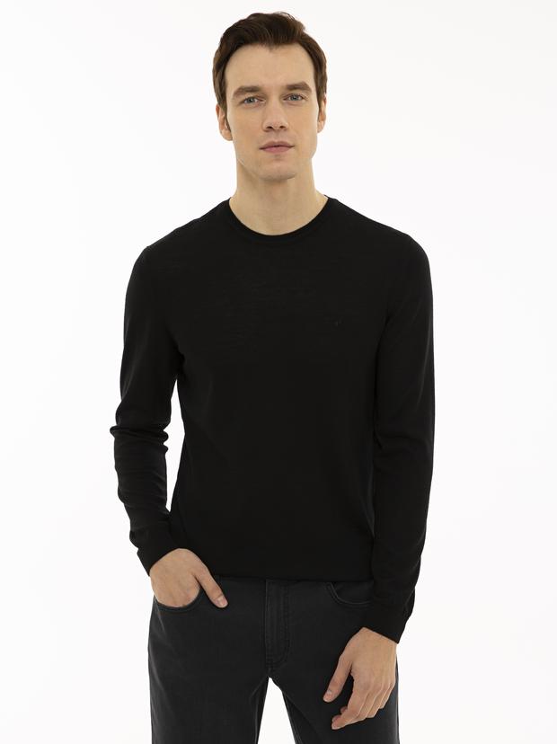 Siyah Slim Fit Bisiklet Yaka Basic Triko Kazak
