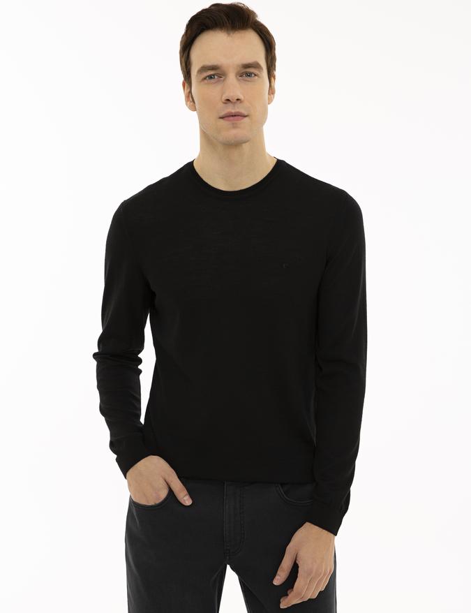 Siyah Slim Fit Bisiklet Yaka Basic Triko Kazak