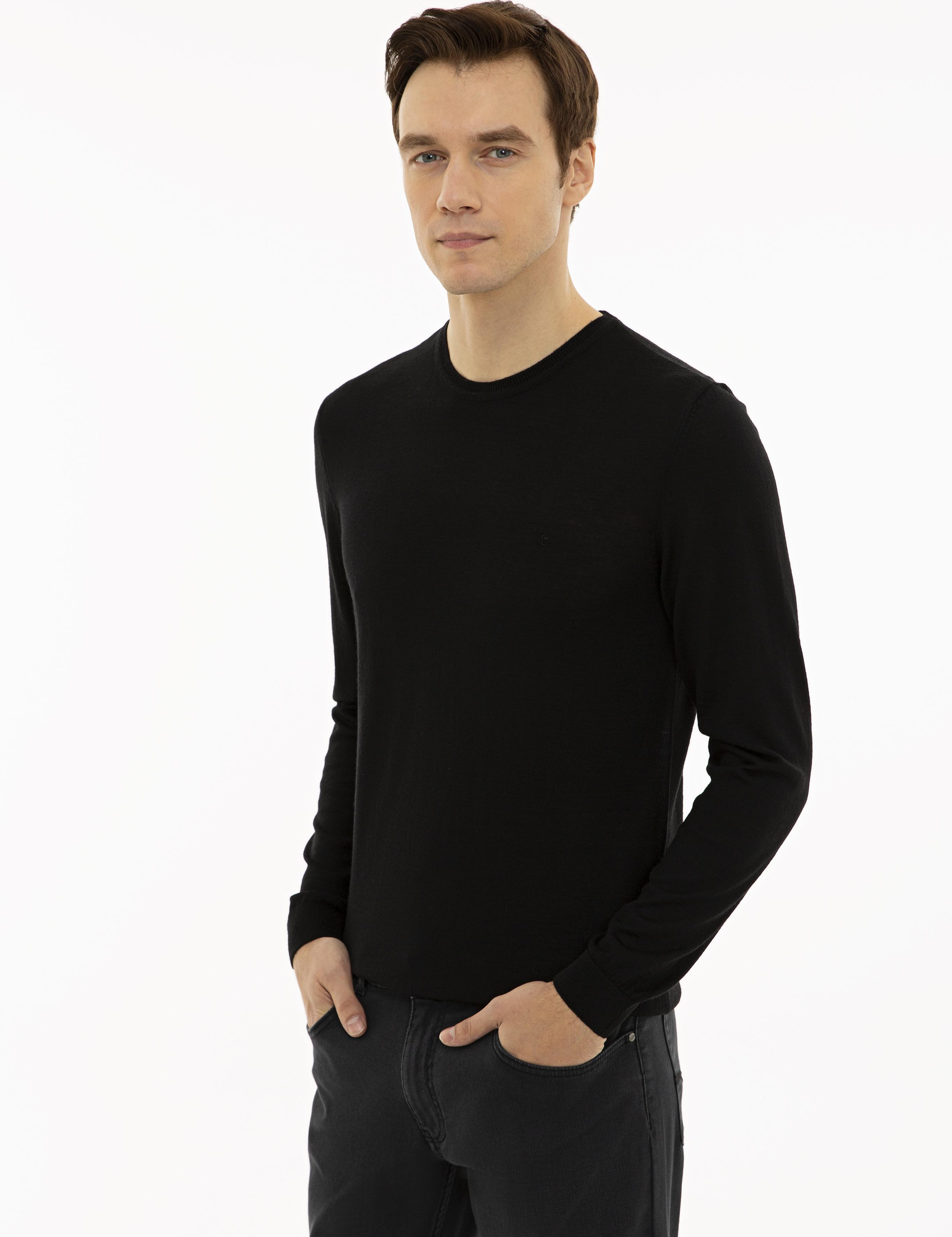Siyah Slim Fit Bisiklet Yaka Basic Triko Kazak - 50227052005