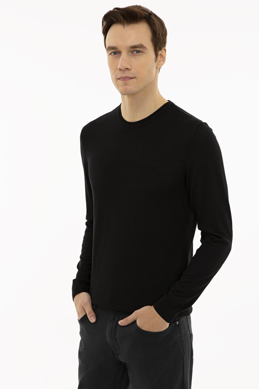 Siyah Slim Fit Bisiklet Yaka Basic Triko Kazak - 50227052005