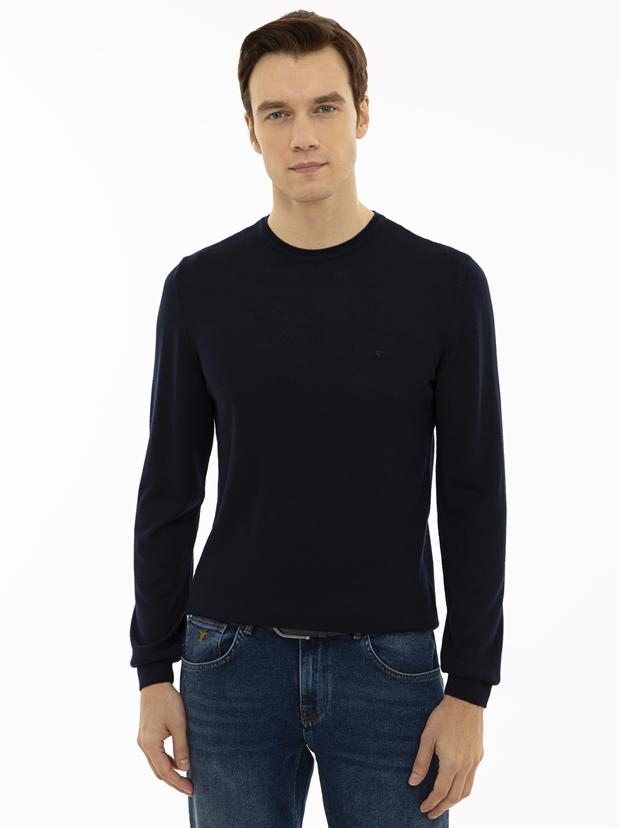 Lacivert Slim Fit Bisiklet Yaka Basic Triko Kazak