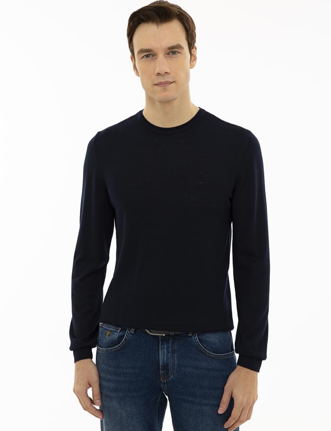 Lacivert Slim Fit Bisiklet Yaka Basic Triko Kazak