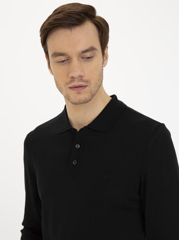 Siyah Slim Fit Polo Yaka Basic Triko Kazak