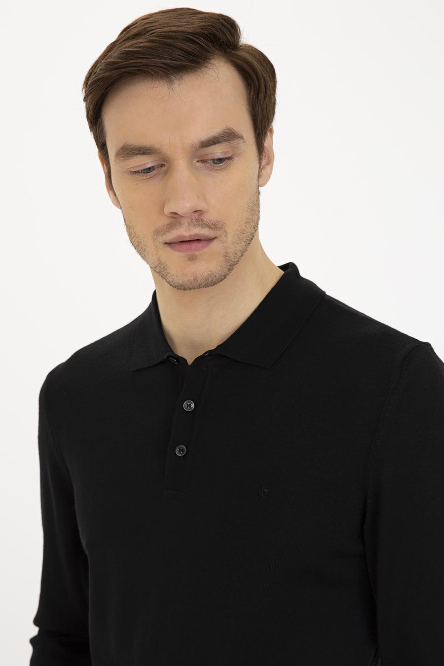 Siyah Slim Fit Polo Yaka Basic Triko Kazak - 50229756004
