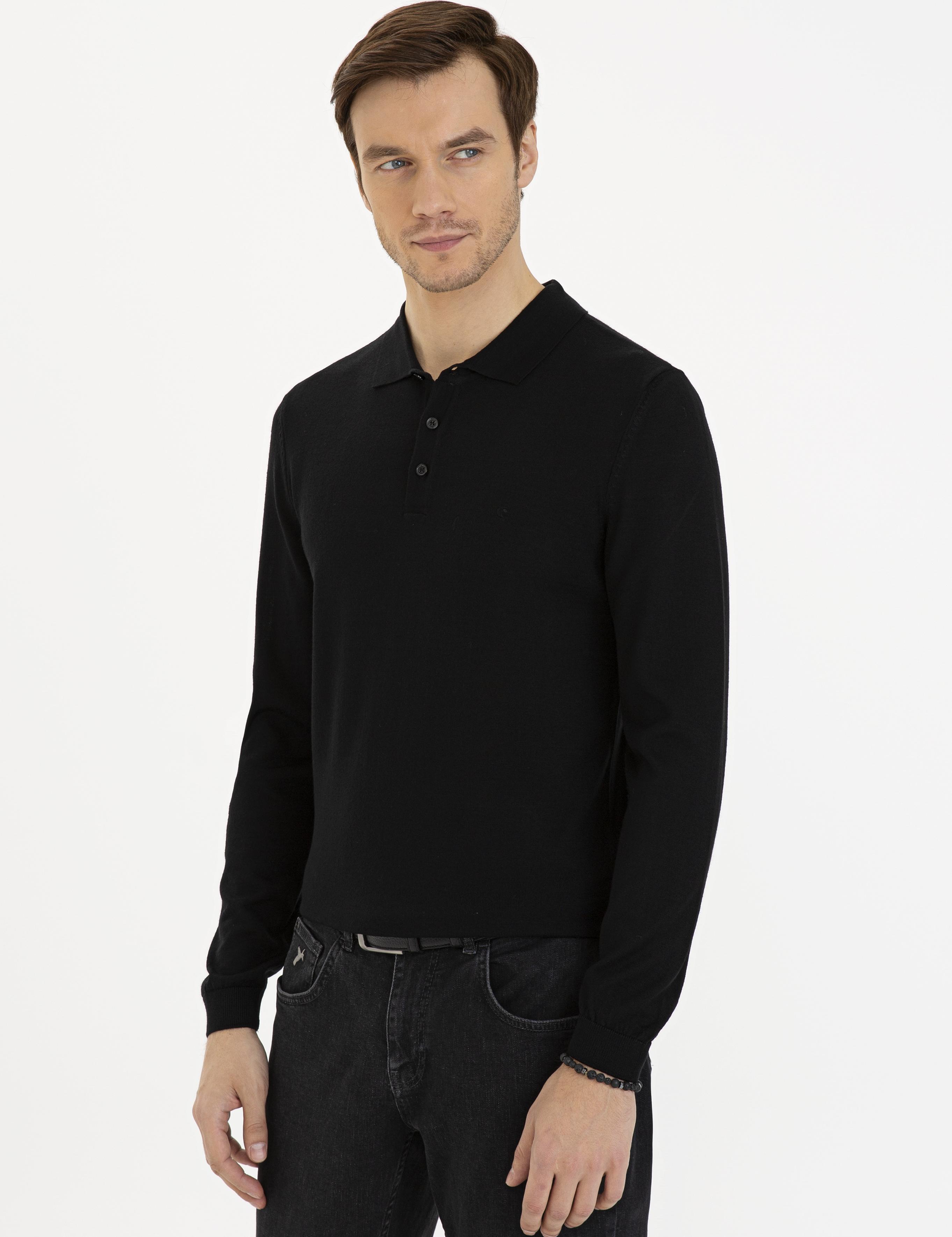 Siyah Slim Fit Polo Yaka Basic Triko Kazak - 50229756004