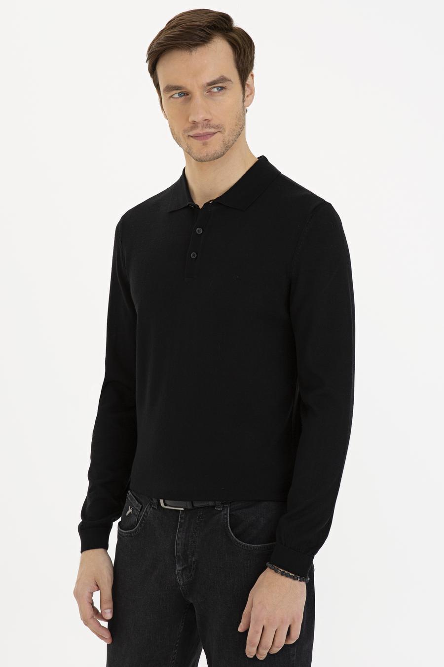 Siyah Slim Fit Polo Yaka Basic Triko Kazak - 50229756004