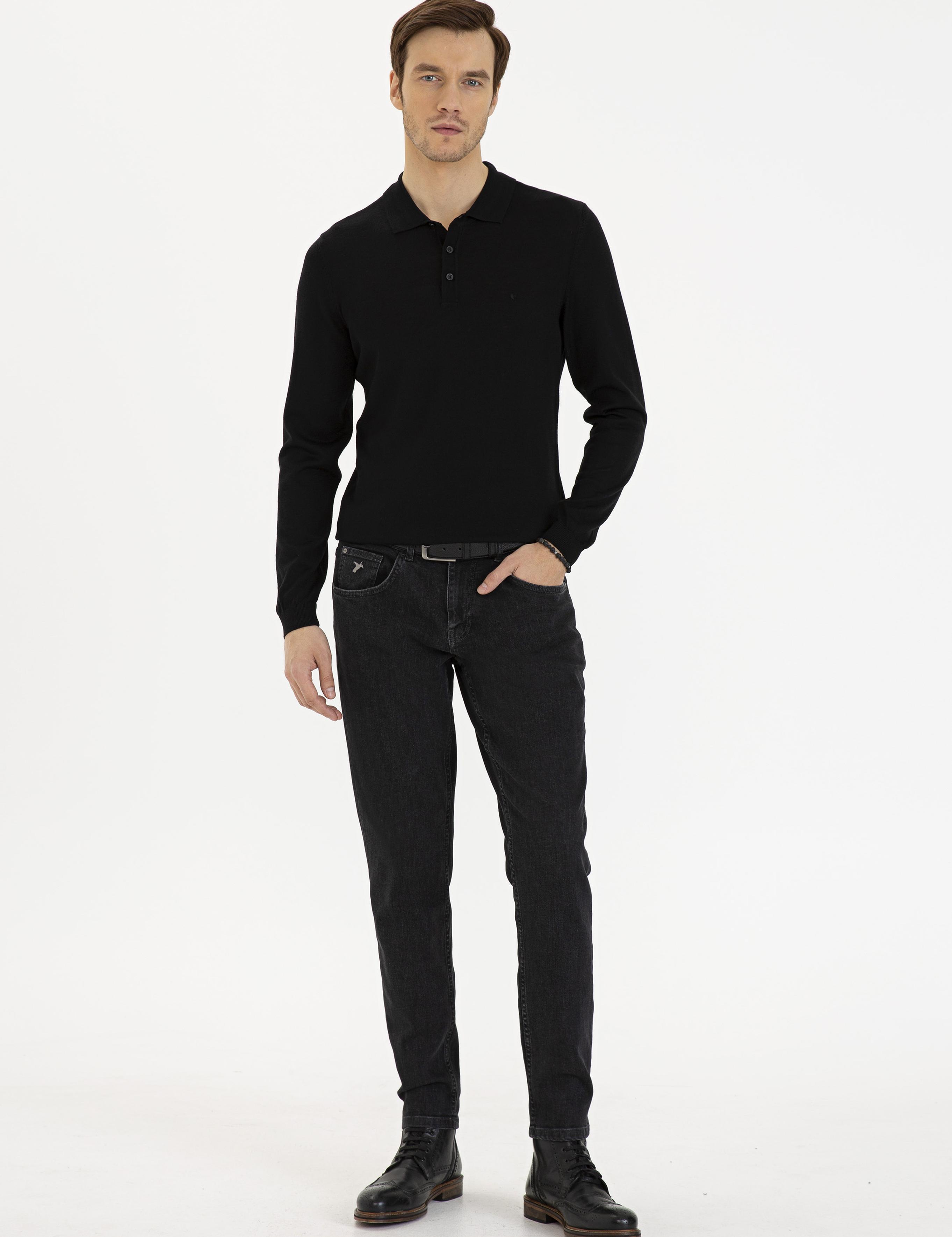 Siyah Slim Fit Polo Yaka Basic Triko Kazak - 50229756004
