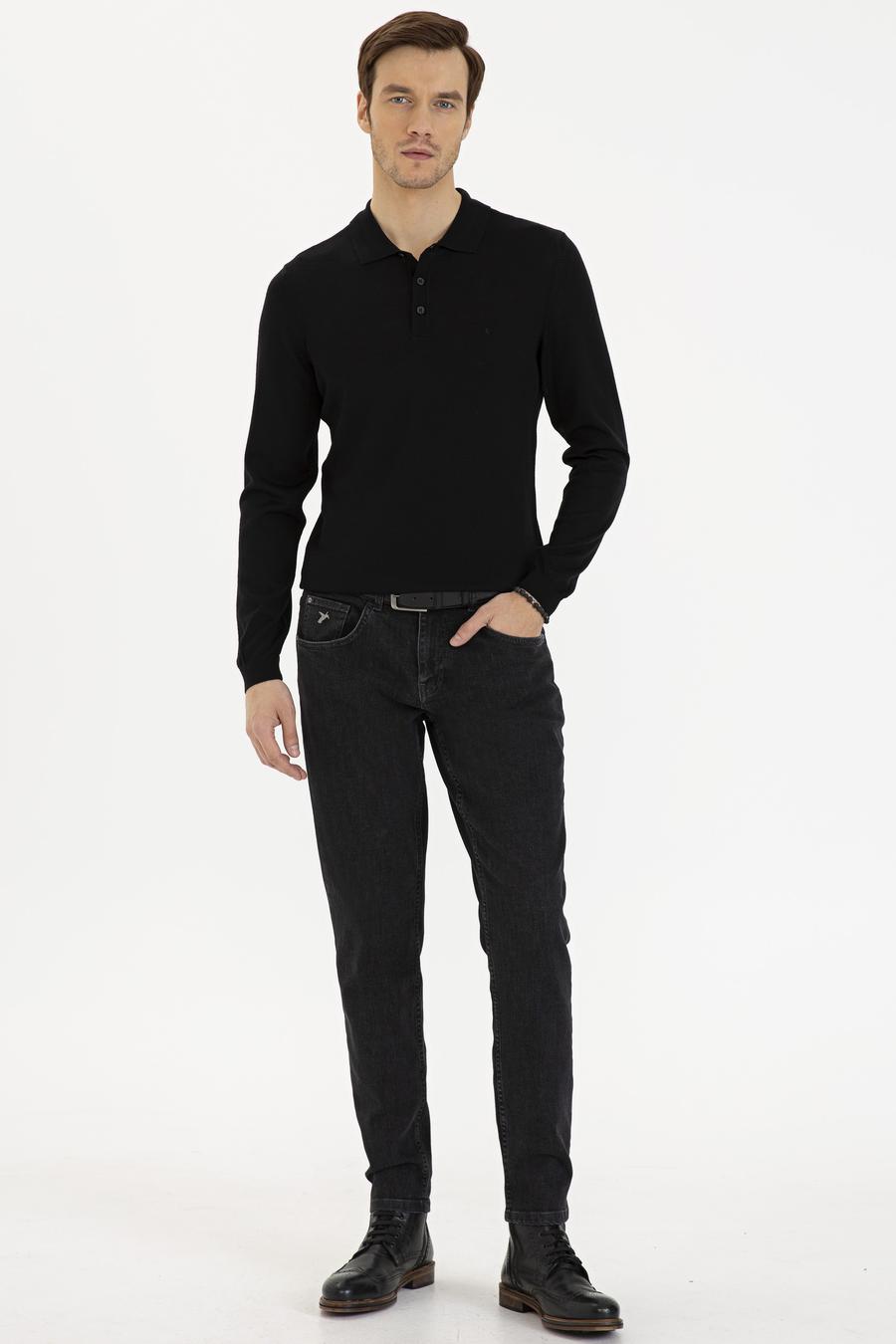 Siyah Slim Fit Polo Yaka Basic Triko Kazak - 50229756004