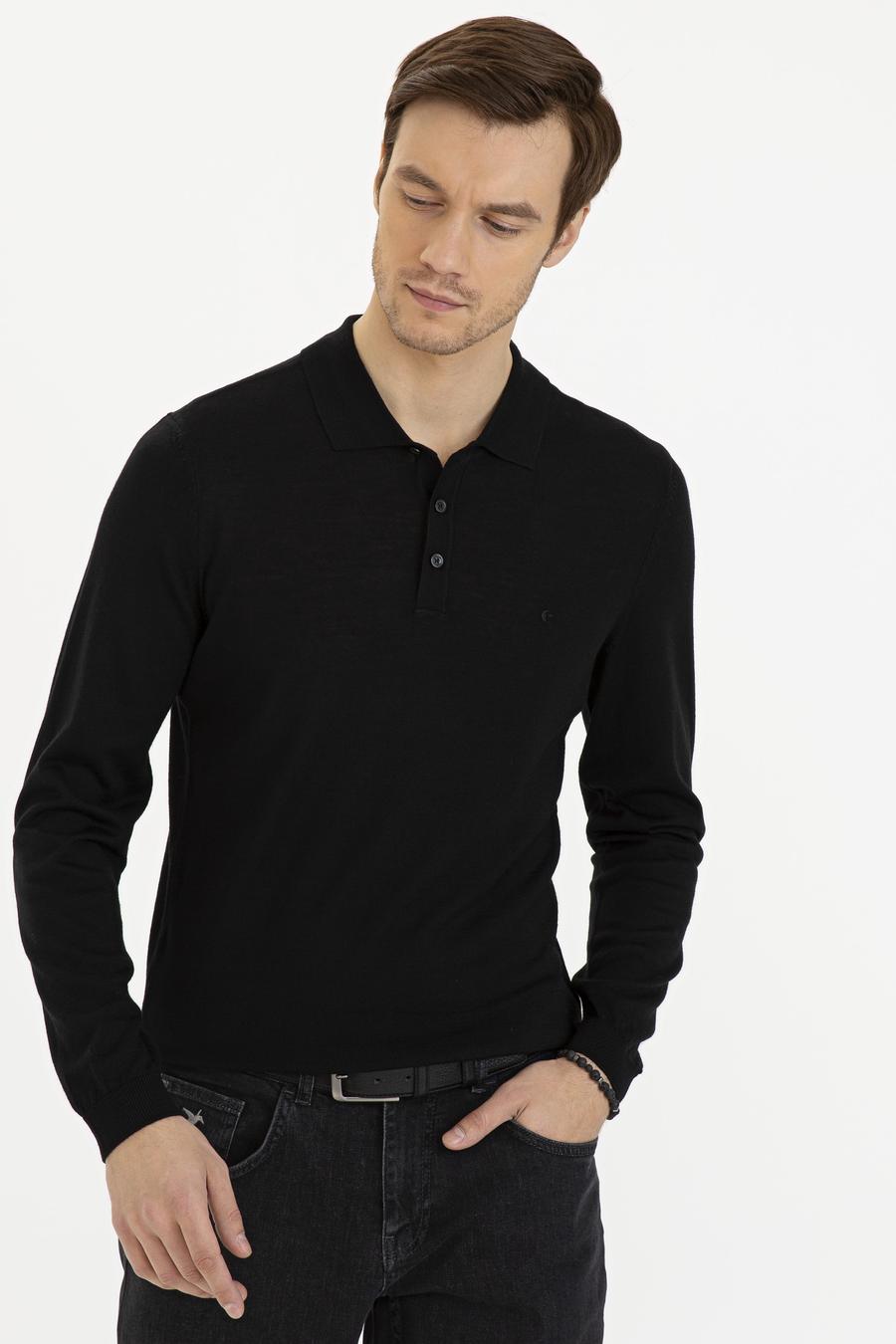 Siyah Slim Fit Polo Yaka Basic Triko Kazak - 50229756004