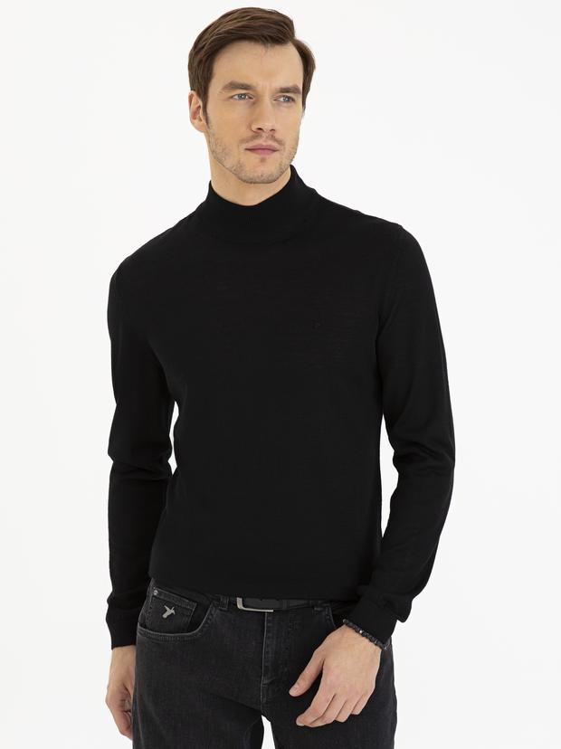 Siyah Slim Fit Yarım Balıkçı Basic Triko Kazak
