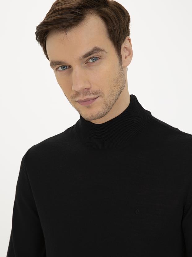 Siyah Slim Fit Yarım Balıkçı Basic Triko Kazak