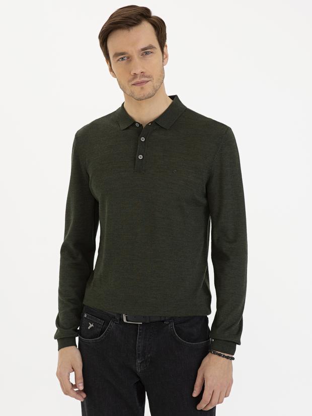 Haki Slim Fit Polo Yaka Basic Triko Kazak