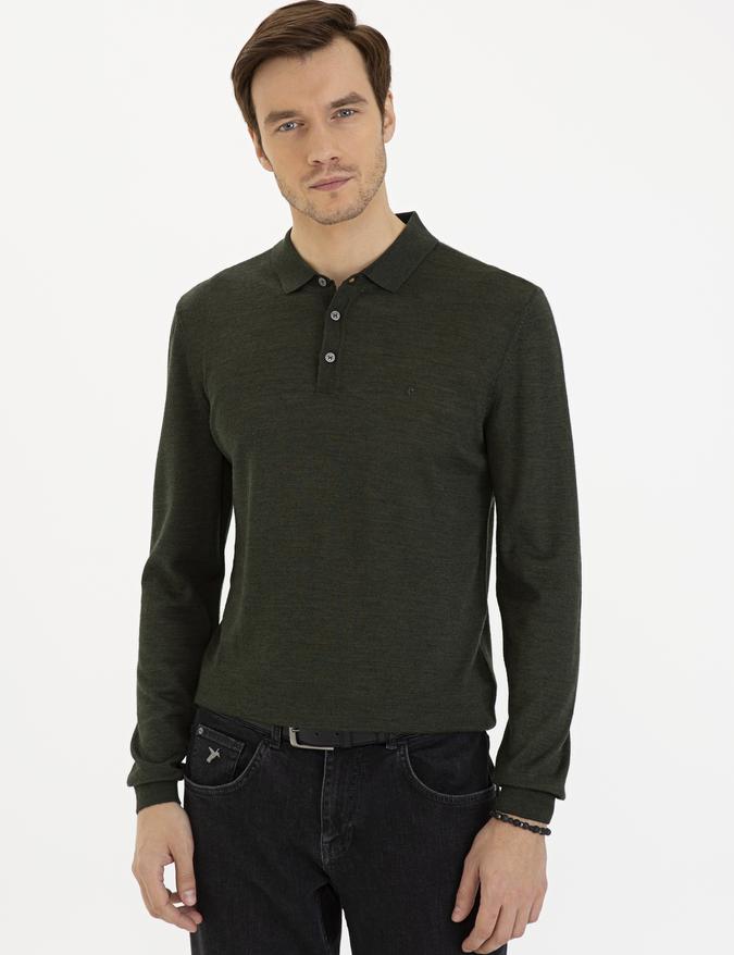 Haki Slim Fit Polo Yaka Basic Triko Kazak