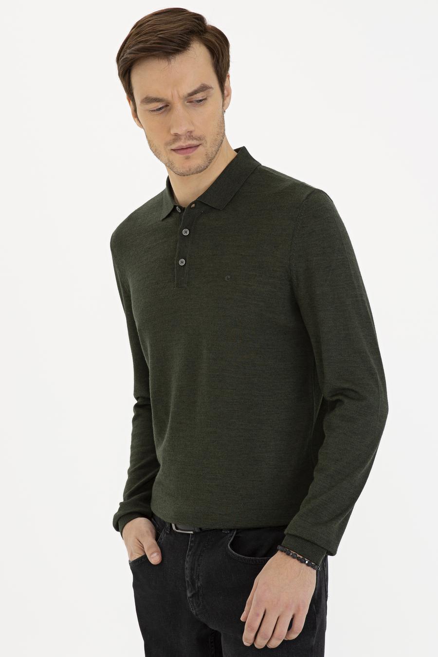 Haki Slim Fit Polo Yaka Basic Triko Kazak - 50229756073