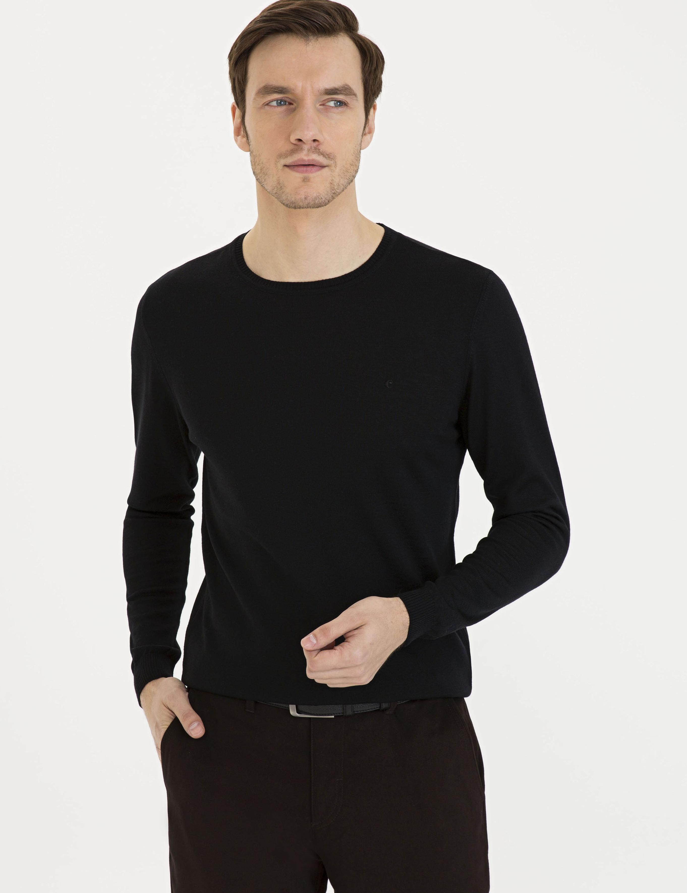 Siyah Slim Fit Bisiklet Yaka Basic Triko Kazak - 50230646011