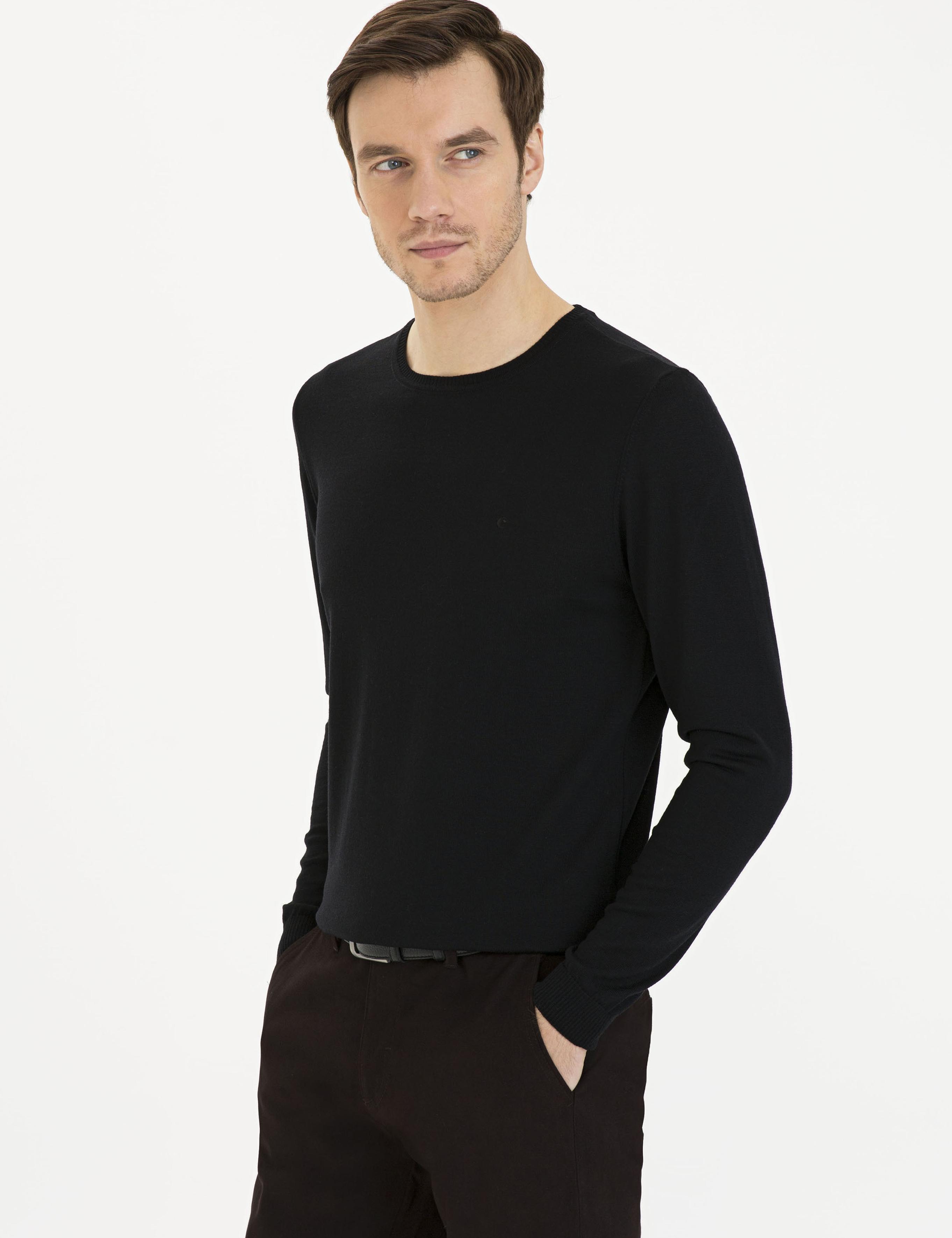 Siyah Slim Fit Bisiklet Yaka Basic Triko Kazak - 50230646011